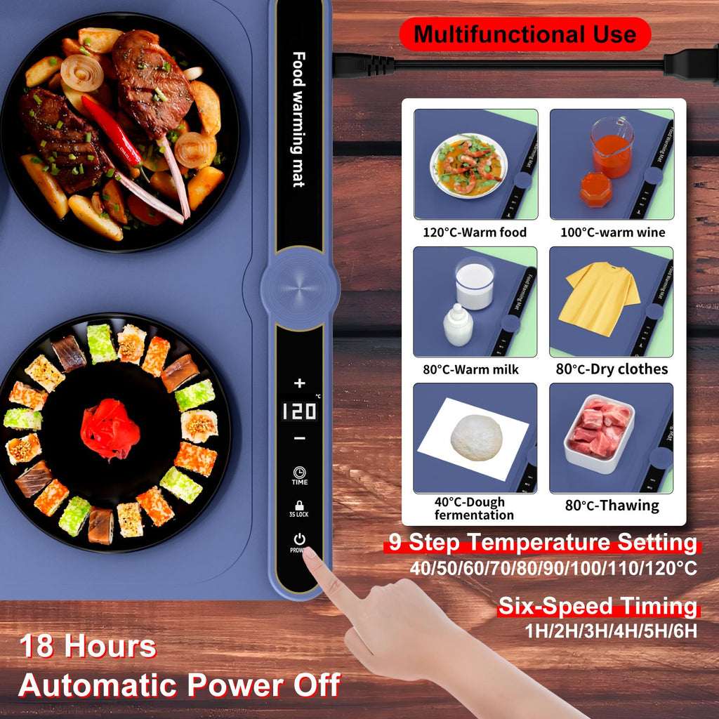 Foldable Heating Plate Mat Portable Keep Food Warm Electric Warming Mat For 8 Dishes With Time Setting - Blue