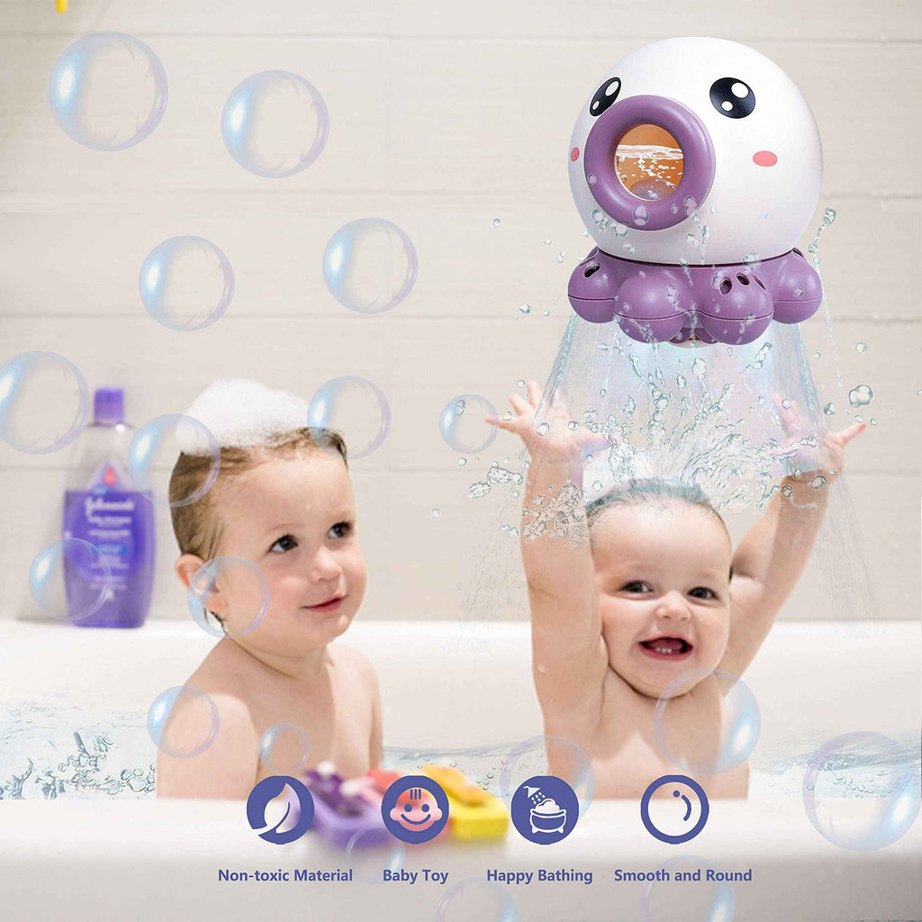 Children playing in a bathtub with a bubble-making toy, surrounded by bubbles.