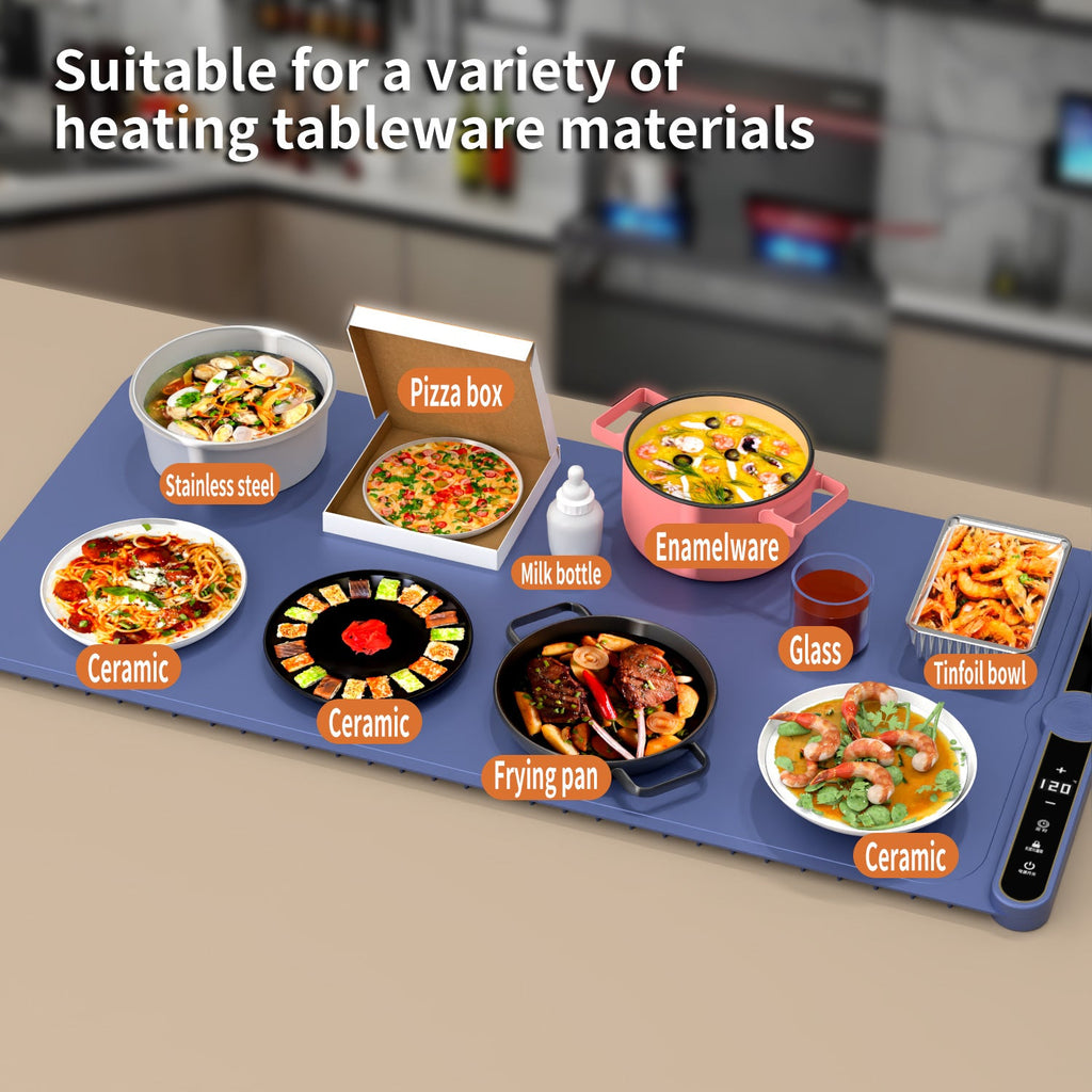 Foldable Heating Plate Mat Portable Keep Food Warm Electric Warming Mat For 8 Dishes With Time Setting - Blue