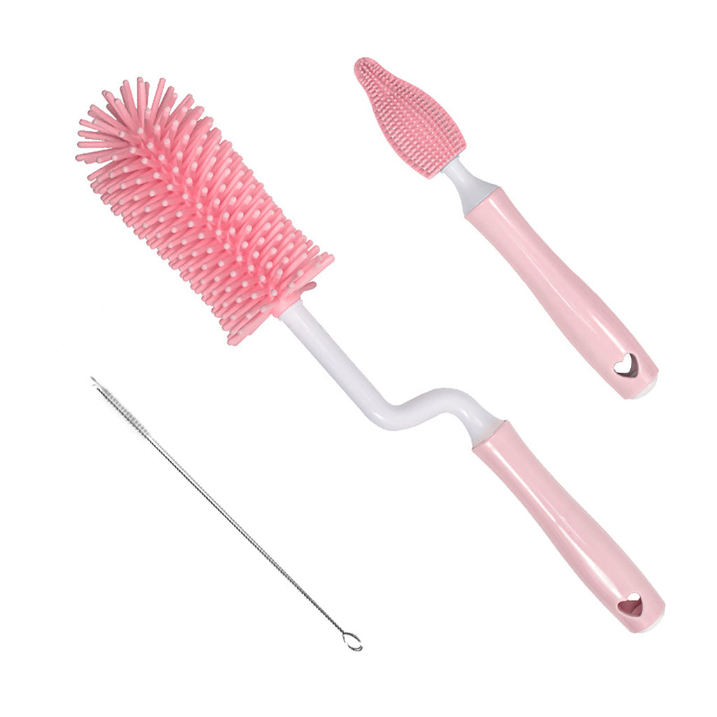 Pink bottle cleaning brush set with a long-handled tool on a white background