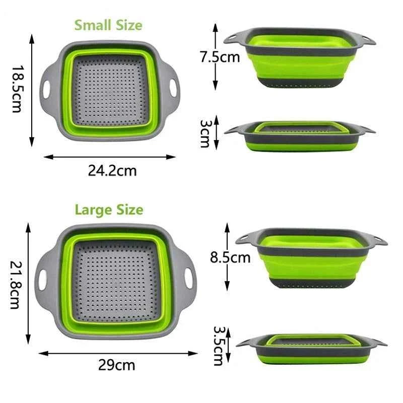 Folding Silicone Drain Basket 2PCS Round Fruit Vegetable Washing Basket Square Foldable Strainer Colander Kitchen Drain Gadgets