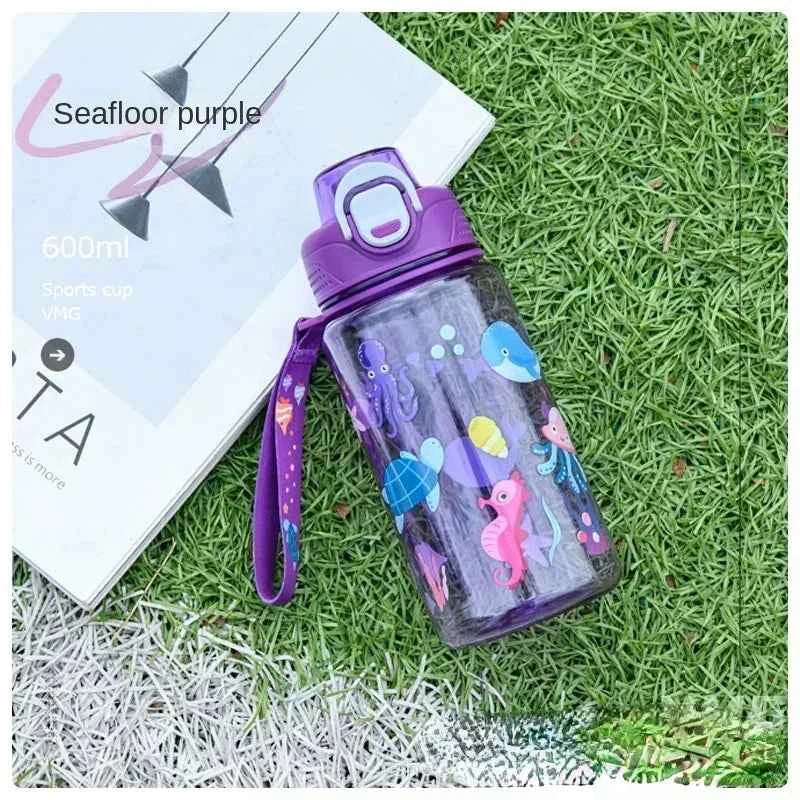 600ML Children's Water Bottle with Straw Student Drinking Bottle Plastic Sports Water Bottle Portable Anti-fall and Leak Proof