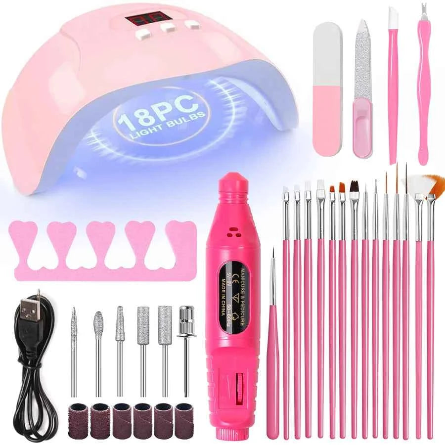 YIKOOLIN 7-in-1Nail Art Tool Set With LED UV Nail Lamp 20000RPM Lectric Drill Machine Nail Brush Nail Separator Polishing Bloc