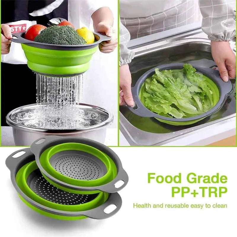 Folding Silicone Drain Basket 2PCS Round Fruit Vegetable Washing Basket Square Foldable Strainer Colander Kitchen Drain Gadgets