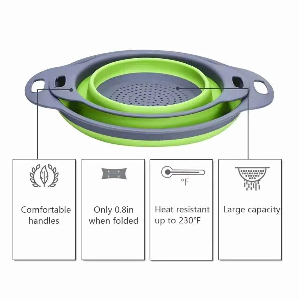 Folding Silicone Drain Basket 2PCS Round Fruit Vegetable Washing Basket Square Foldable Strainer Colander Kitchen Drain Gadgets