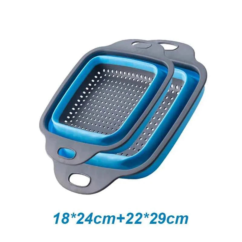 Folding Silicone Drain Basket 2PCS Round Fruit Vegetable Washing Basket Square Foldable Strainer Colander Kitchen Drain Gadgets