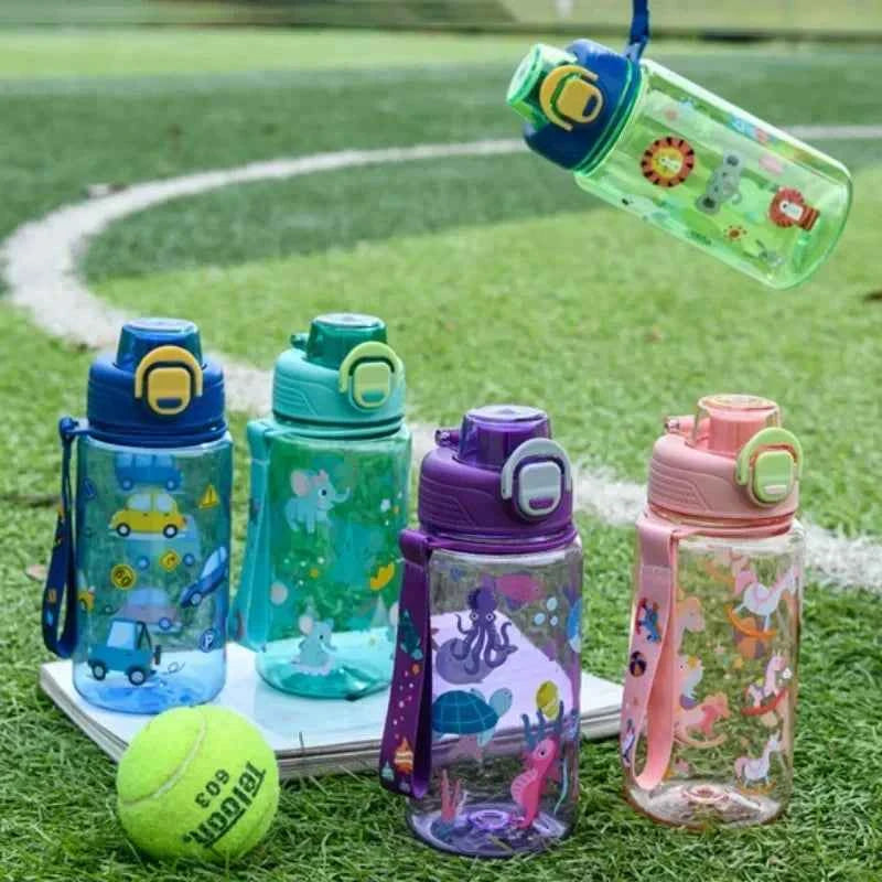 600ML Children's Water Bottle with Straw Student Drinking Bottle Plastic Sports Water Bottle Portable Anti-fall and Leak Proof