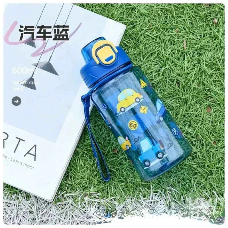 600ML Children's Water Bottle with Straw Student Drinking Bottle Plastic Sports Water Bottle Portable Anti-fall and Leak Proof