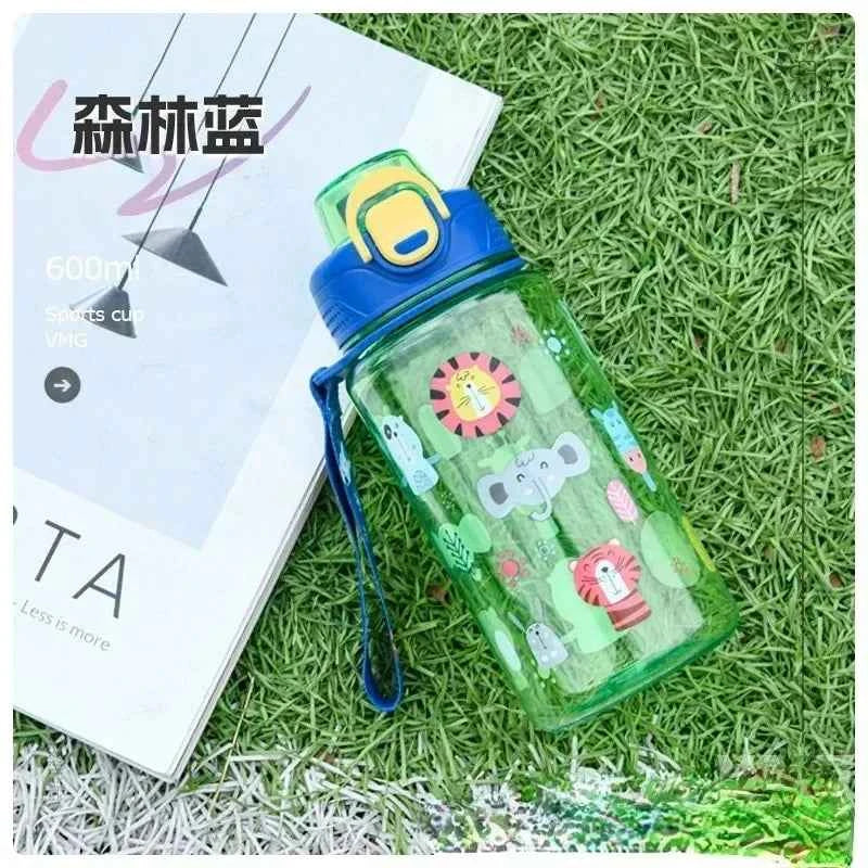 600ML Children's Water Bottle with Straw Student Drinking Bottle Plastic Sports Water Bottle Portable Anti-fall and Leak Proof