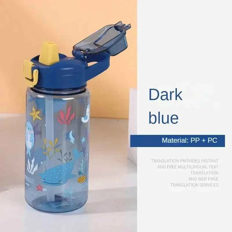 600ML Children's Water Bottle with Straw Student Drinking Bottle Plastic Sports Water Bottle Portable Anti-fall and Leak Proof