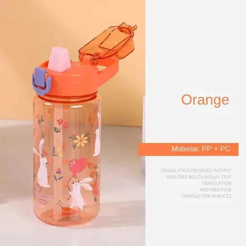 600ML Children's Water Bottle with Straw Student Drinking Bottle Plastic Sports Water Bottle Portable Anti-fall and Leak Proof