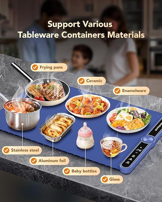 Foldable Heating Plate Mat Portable Keep Food Warm Electric Warming Mat For 8 Dishes With Time Setting - Blue