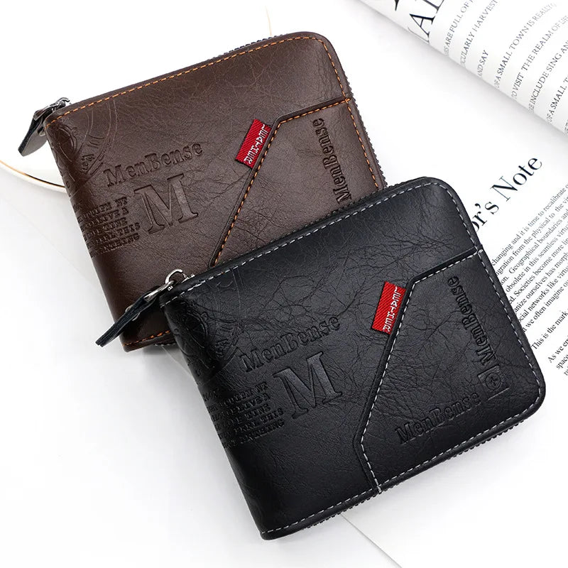 Two leather wallets, one brown and one black, with a visible brand logo on a newspaper background.