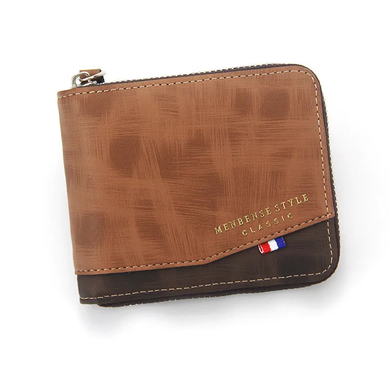 Brown leather wallet with visible brand name on a white background