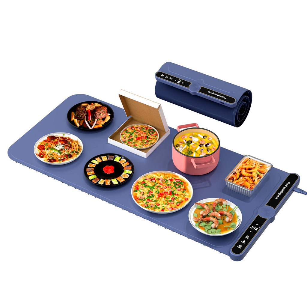 Foldable Heating Plate Mat Portable Keep Food Warm Electric Warming Mat For 8 Dishes With Time Setting - Blue